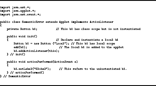 \begin{figure}
\rule{4.75in}{.05cm}
\scriptsize
\begin{verbatim}
import java.awt...
 ...ed()
} // SemanticError\end{verbatim}\normalsize\rule{4.75in}{.05cm}\end{figure}